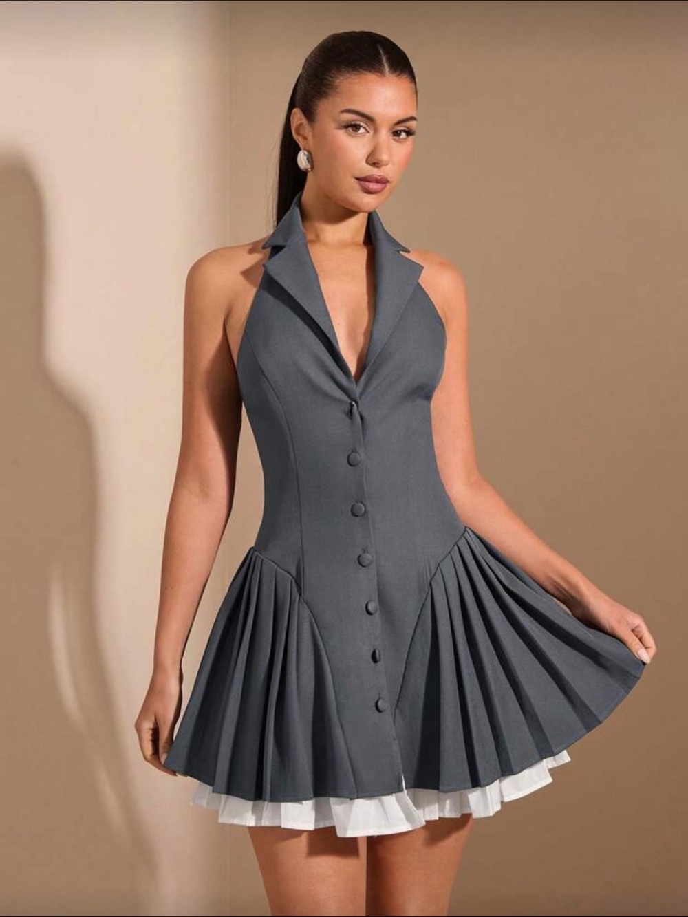 Sleeveless Collared Pleated Mini Dress in Gray